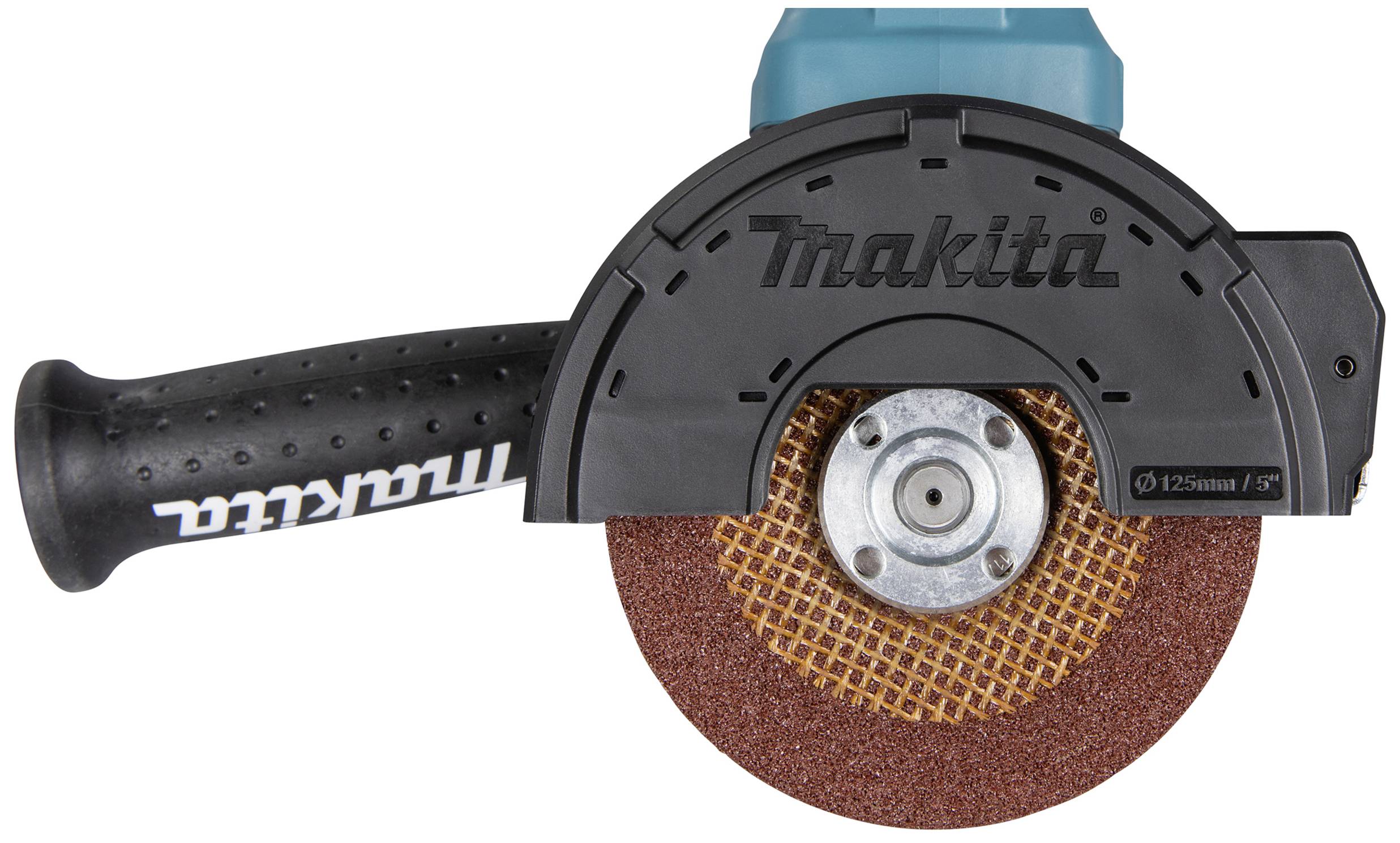 A Makita angle grinder with a red grinding disc and a black side handle.