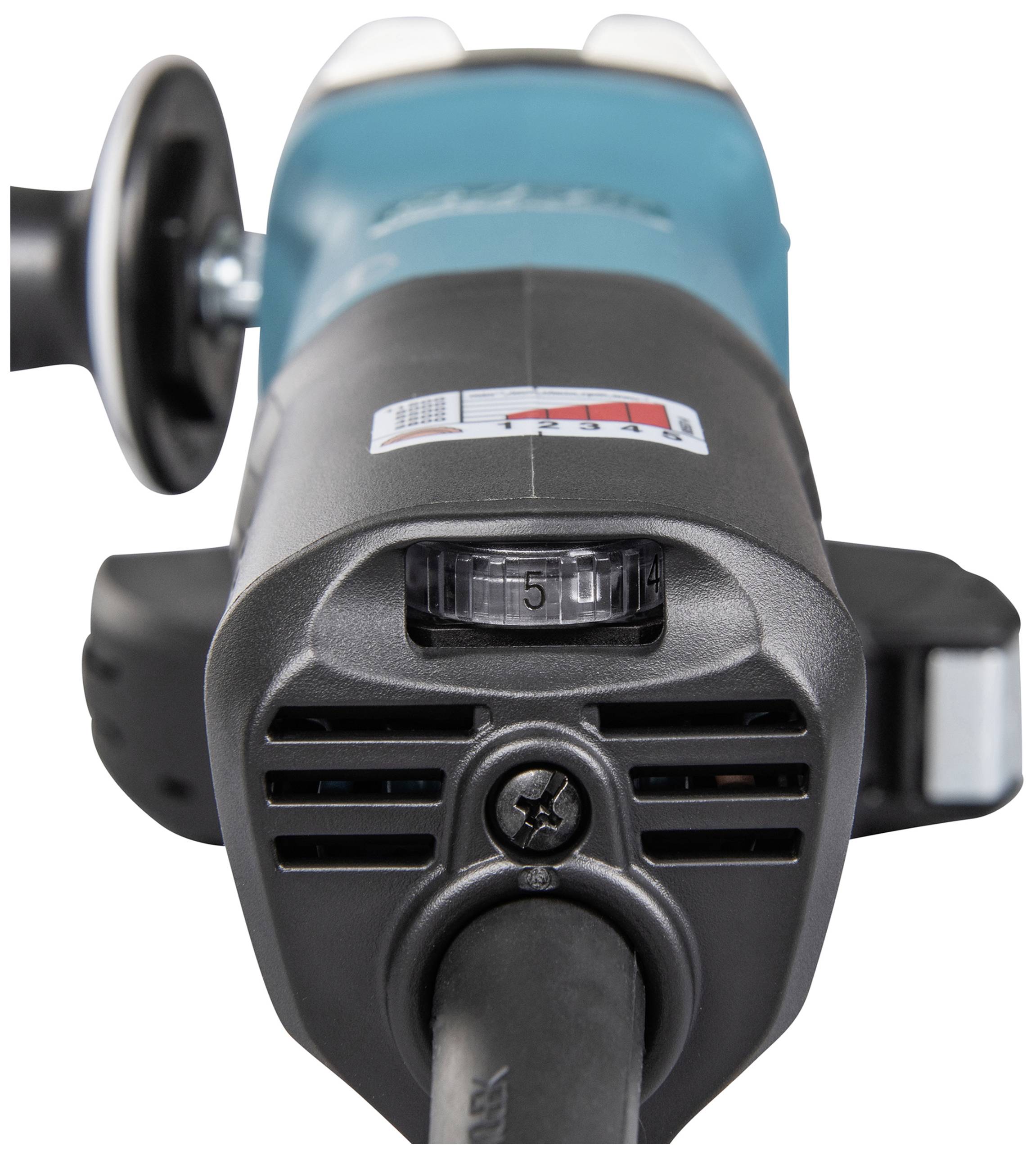 A angle grinder in close-up with a blue and black casing. An adjustment dial with the number '5' is visible.