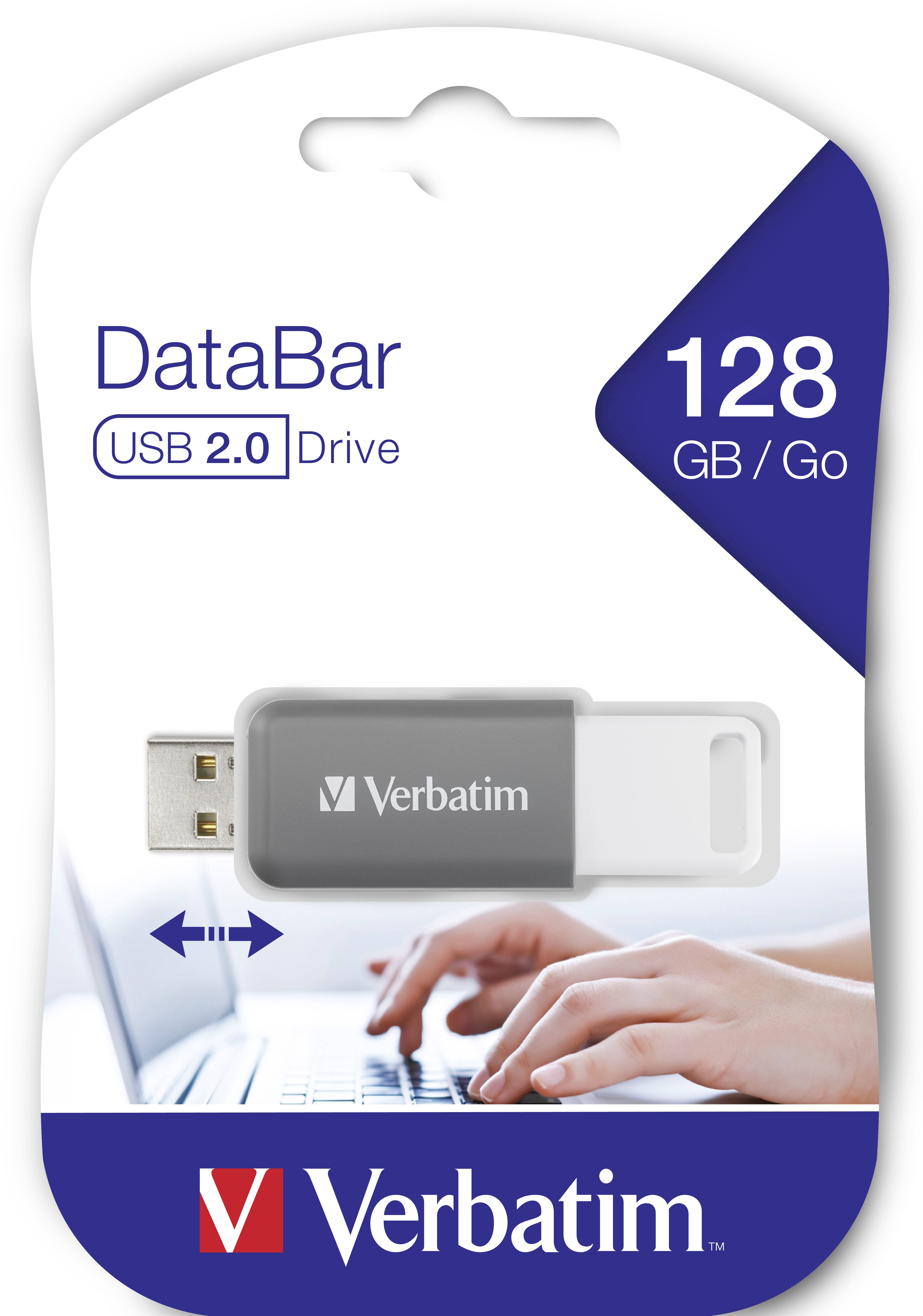 USB Stick Packaging by Verbatim with 128 GB Capacity. Text: 'DataBar USB 2.0 Drive'. Image of hands on a keyboard.