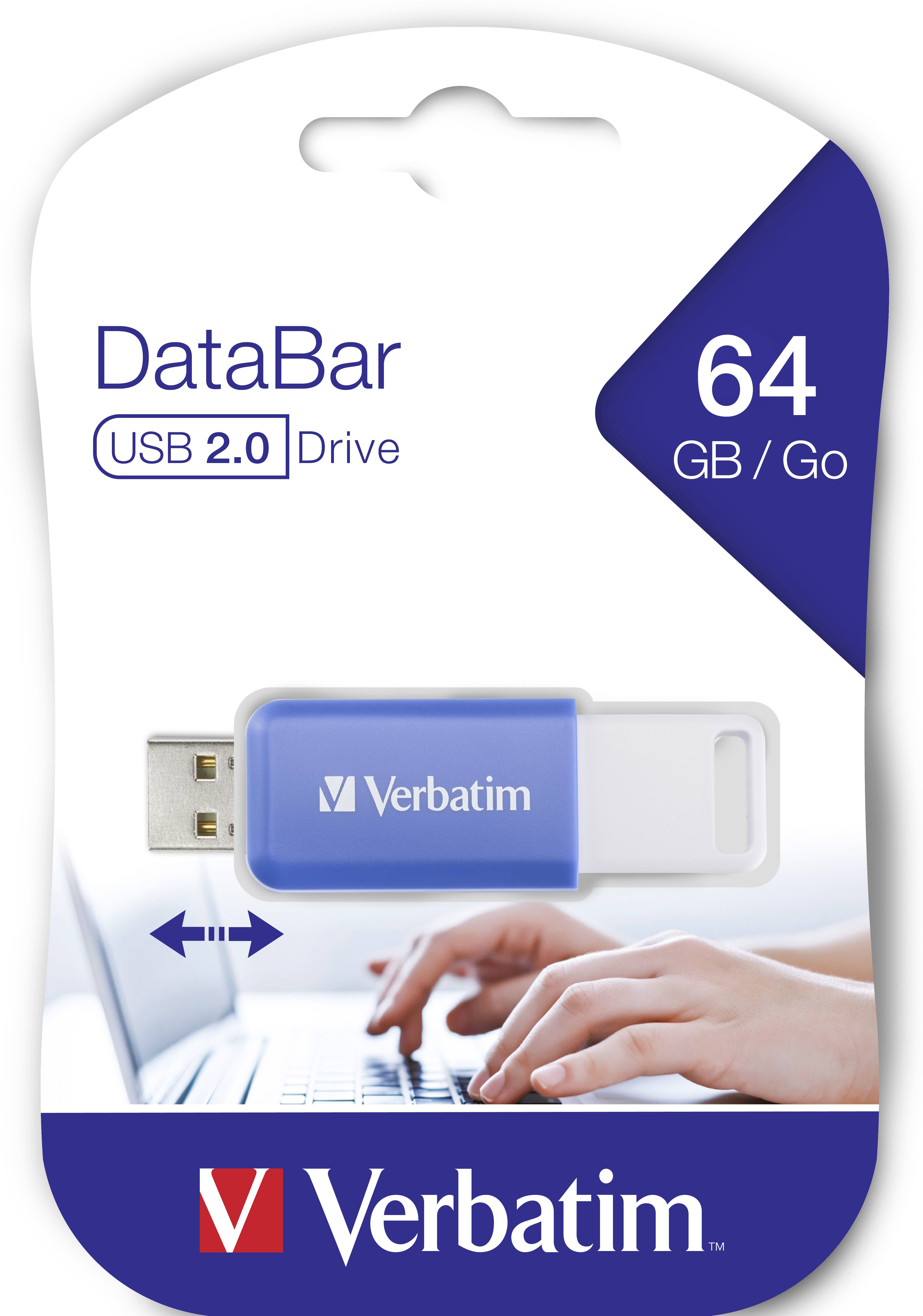 Verbatim USB flash drive with 64 GB storage capacity, compatible with USB 2.0, pictured in front of a laptop.