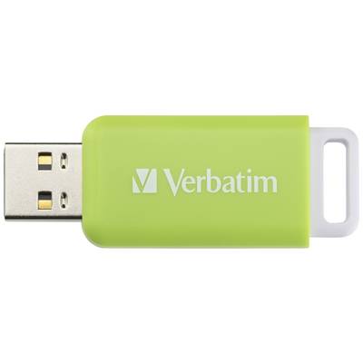 A green USB stick by Verbatim with a silver connector and white tab.