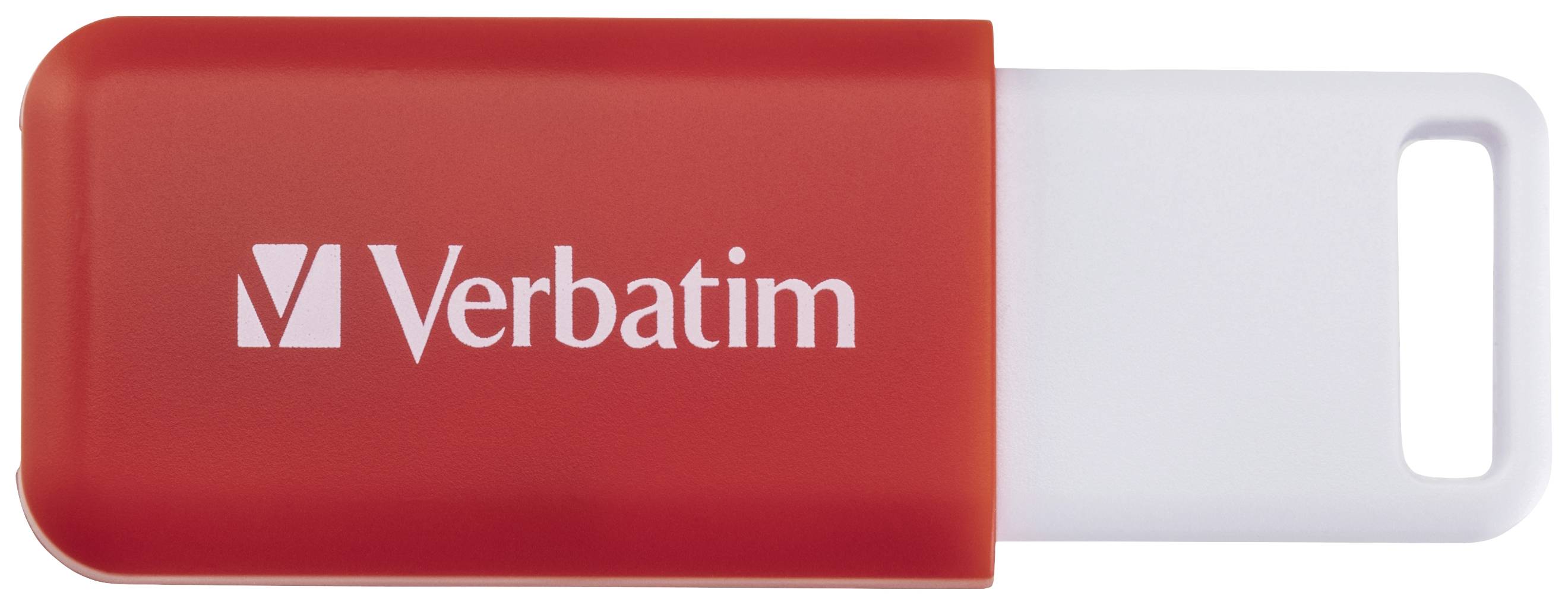 Red USB flash drive with white slider, 'Verbatim' printed in white on it.