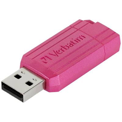 A pink USB stick with 'Verbatim' printed on it, showing the connection end, and featuring a simple, compact design.