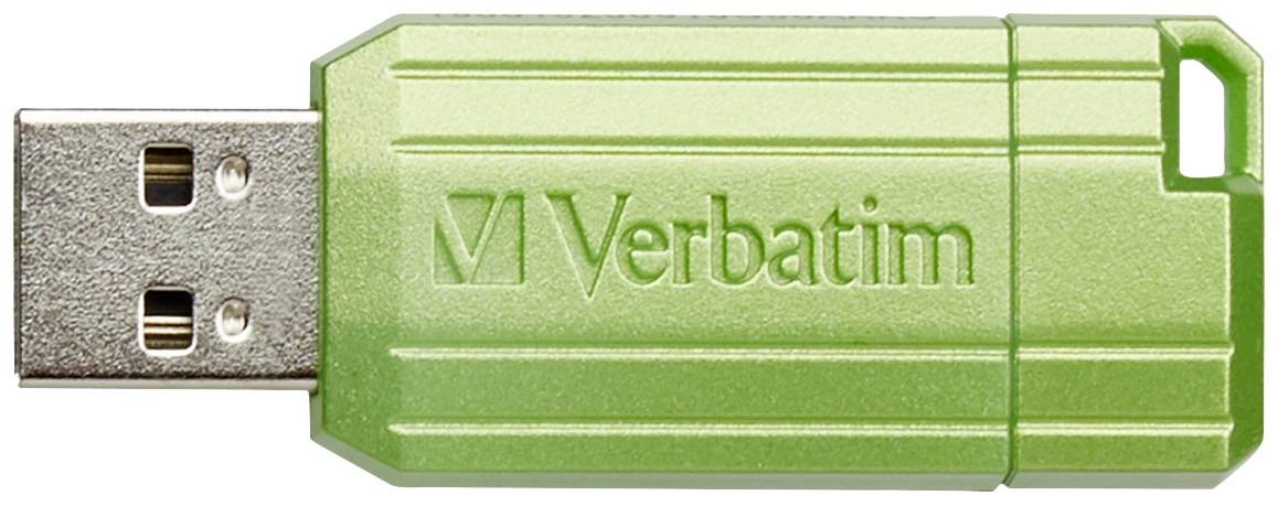 A green USB stick by Verbatim with a removable cap design, standard USB-A connection visible.