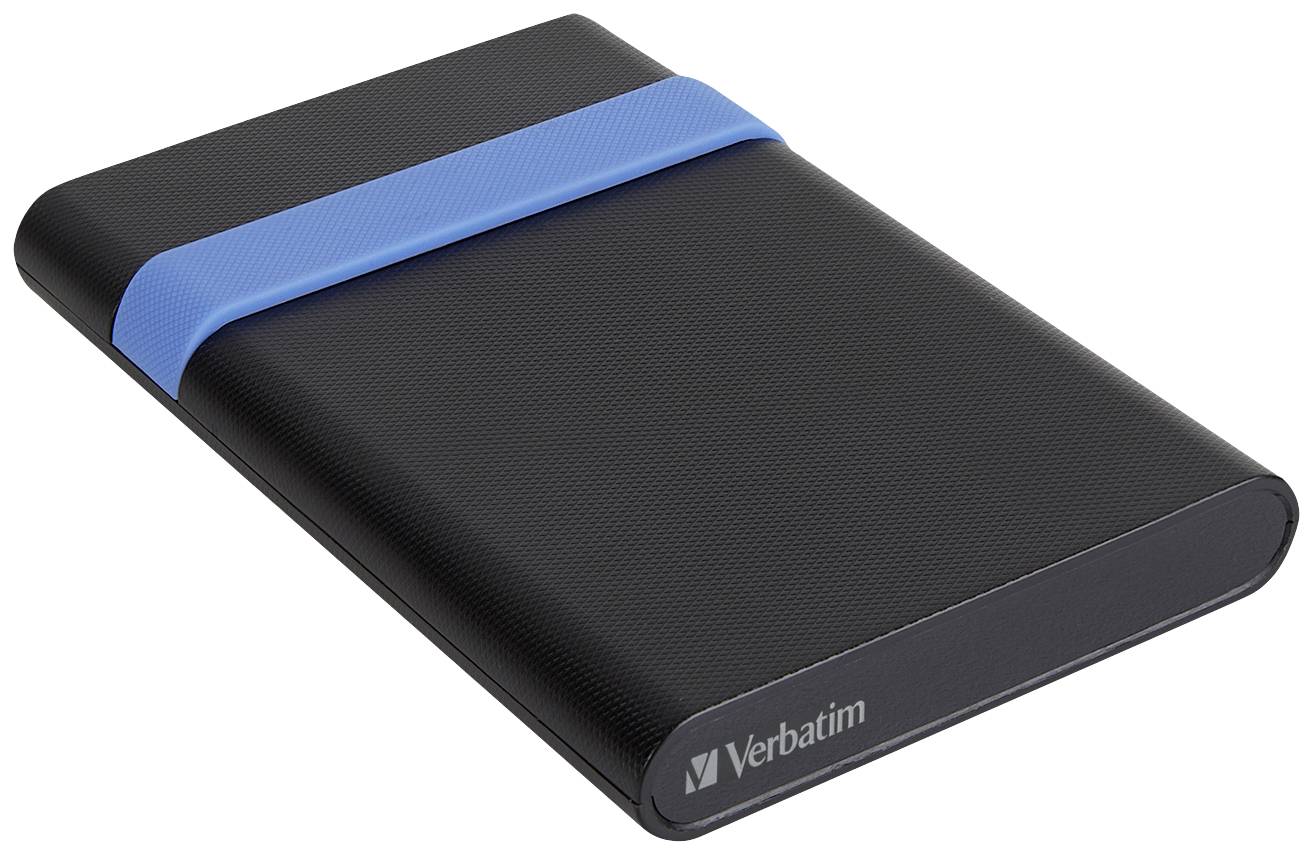 External black hard drive by Verbatim with blue rubber mounting.