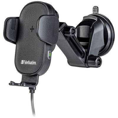 A black smartphone holder by Verbatim for mounting in a car, with an adjustable arm and cable connection at the bottom.