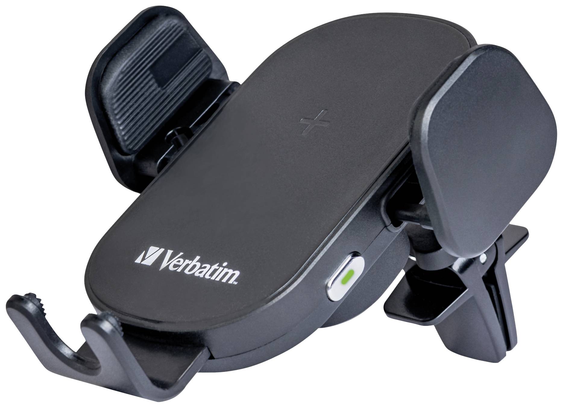 Black wireless mobile phone holder for cars with brand logo, adjustable clamps and snap-in mounting clip.