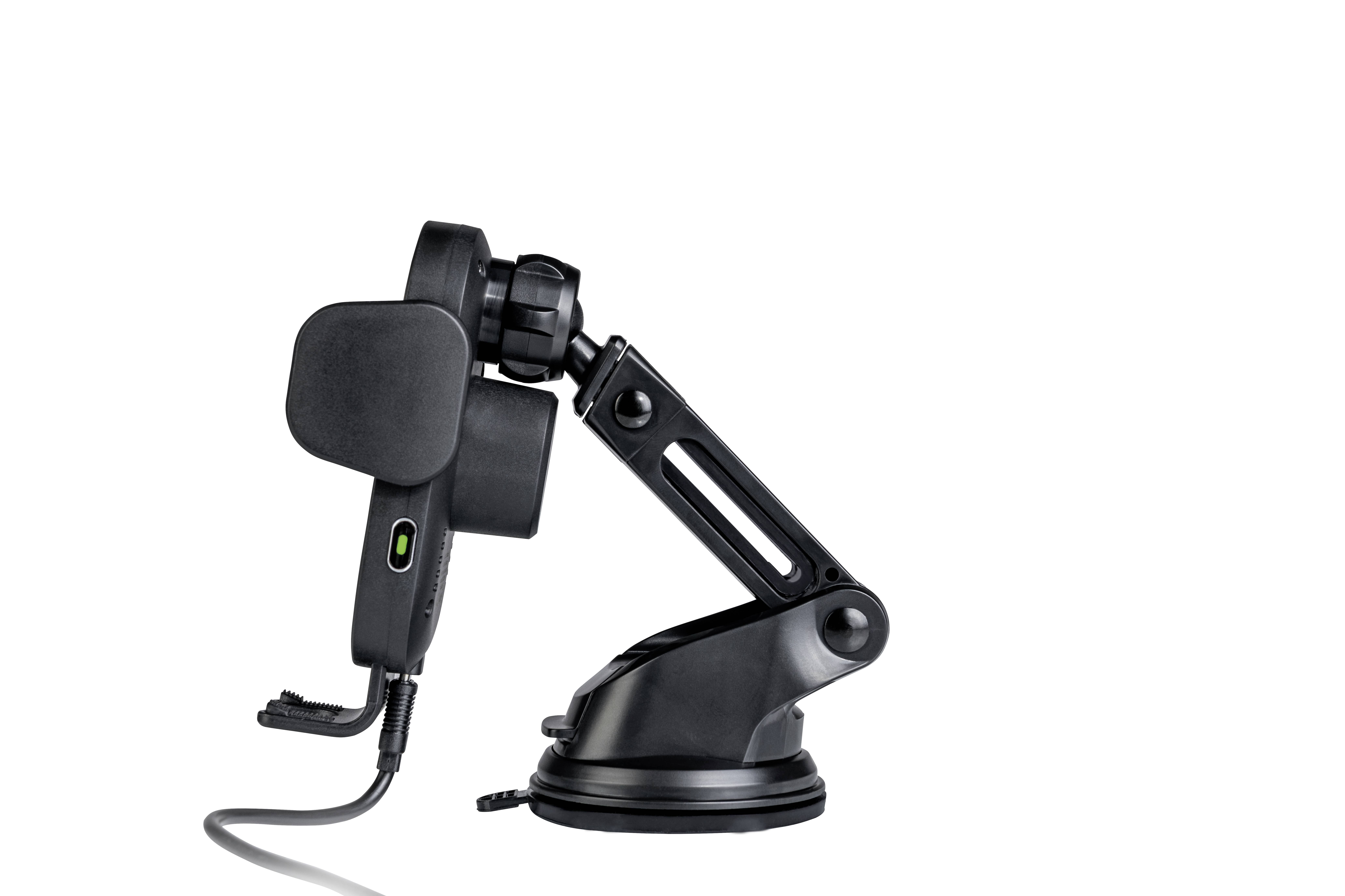 Black mobile phone holder with adjustable arm and suction cup, suitable for mounting smartphones on vehicle surfaces.