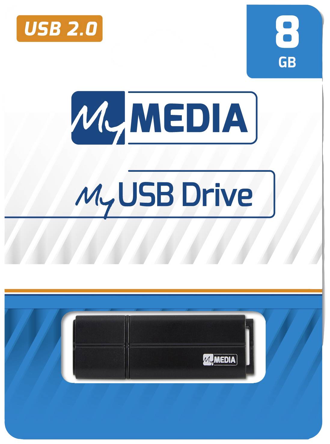 USB 2.0 Drive with 8 GB capacity, brand 'MyMedia'. Packaging in blue and orange displays the product through a viewing window.