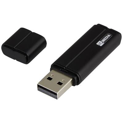 Black USB stick with cap removed, showing the USB plug. The cap is lying separately in the background.