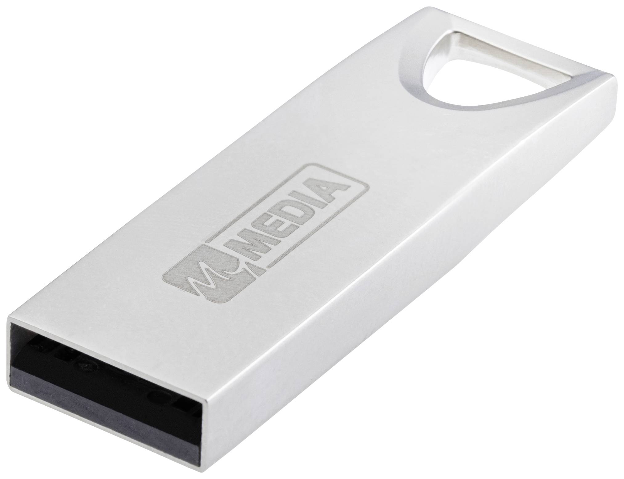 Metal USB stick with the 'M MEDIA' logo engraved. Rectangular shape with a rounded end and keyring opening.