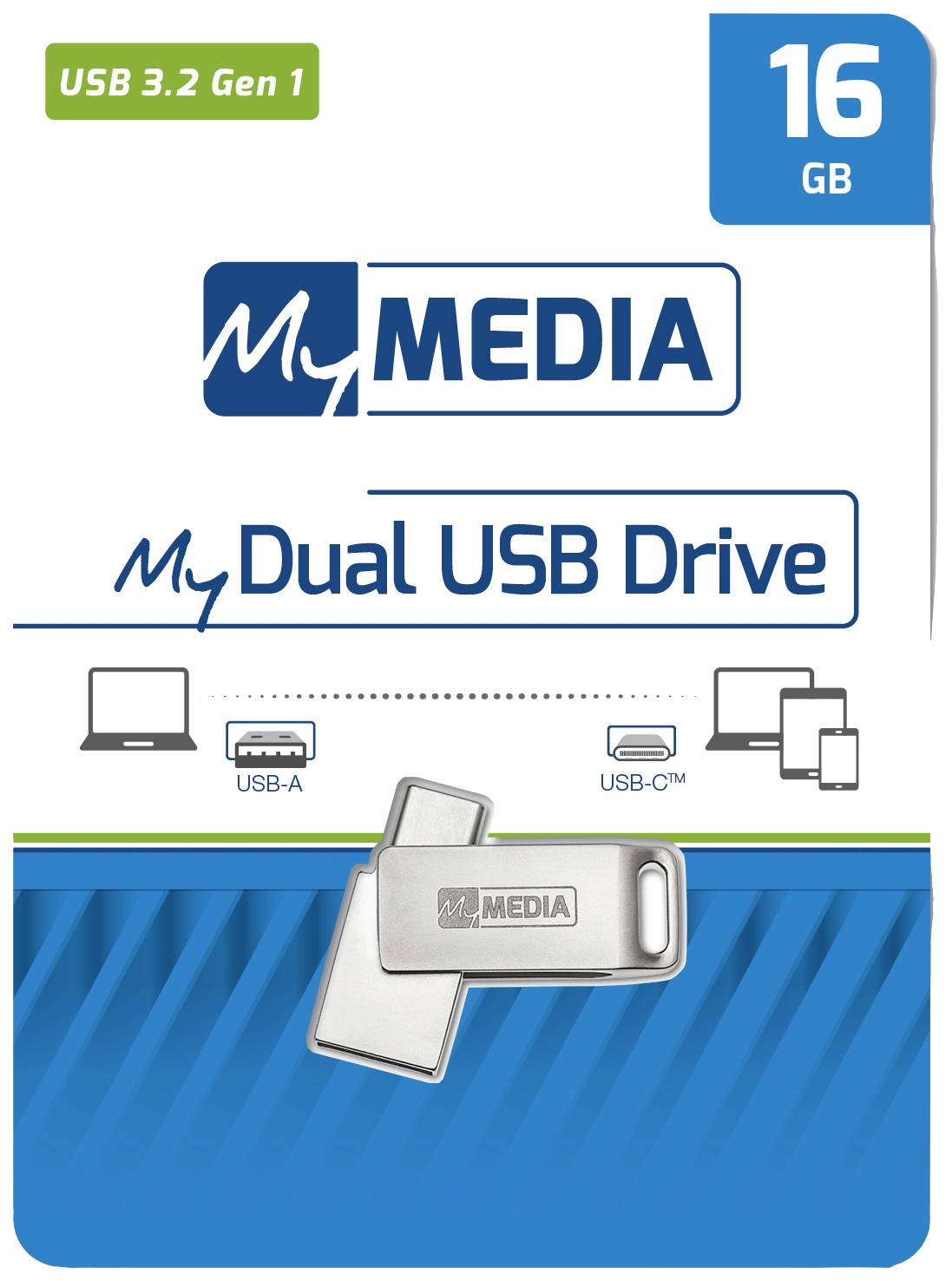 '16 GB USB drive, dual USB connector, compatible with USB-A and USB-C, shown on packaging.'