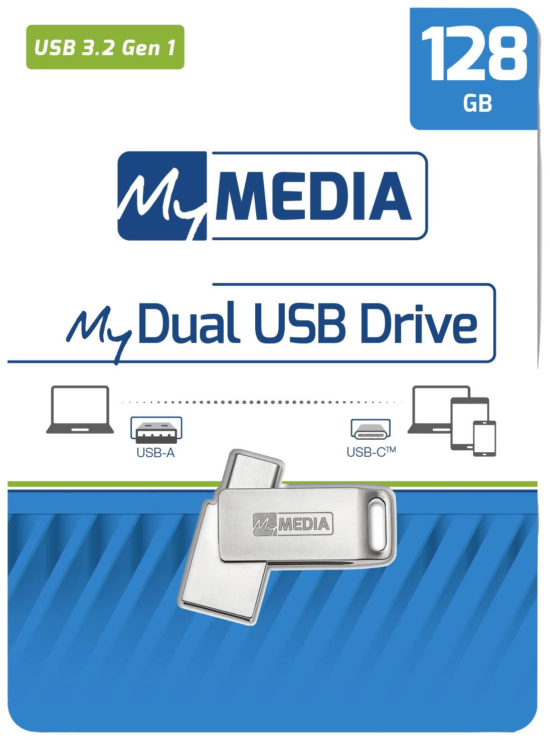 MyMedia USB Drive, 128GB. Compatible with USB-A and USB-C, shown with computer and tablet icons.