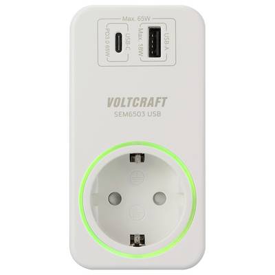 A white plug adapter with USB-C and USB-A ports, printed with 'VOLTCRAFT SEM6503 USB', surrounded by green light.