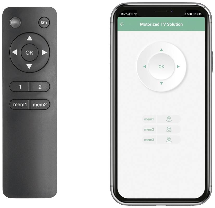 Remote control and smartphone app display control settings for a motorised TV stand system with storage management options.
