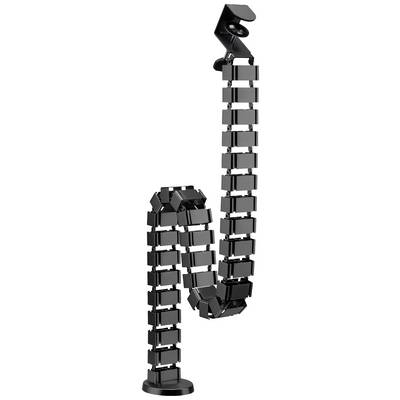 Black cable management channel in an S-shaped structure for vertical cable routing at desks or workstations.
