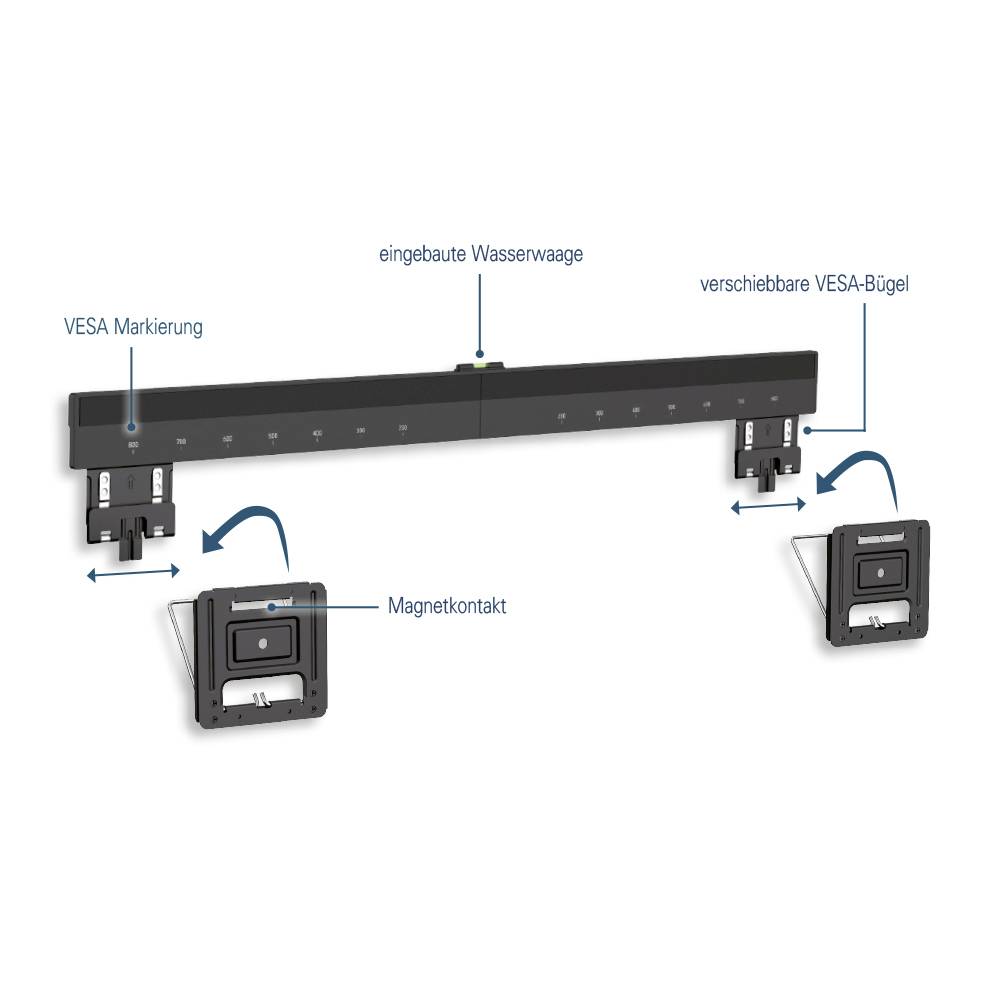 VESA-Marked Rail with built-in spirit level and adjustable VESA mounting brackets. Two magnetic contacts are integrated into the VESA brackets.
