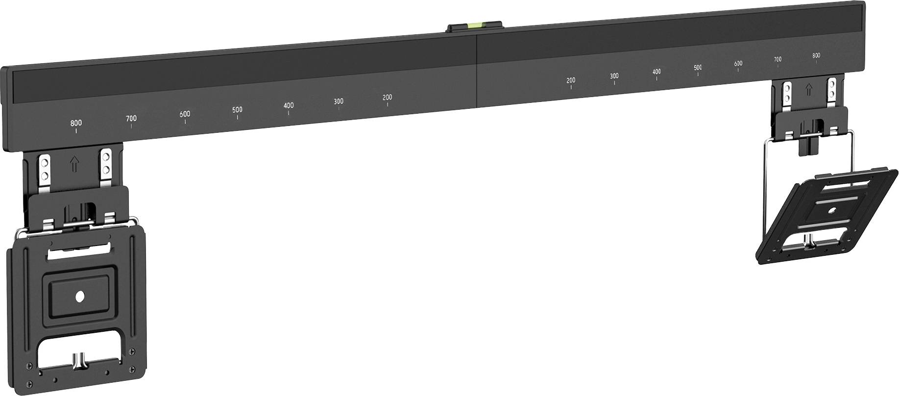 A black, linear TV wall mount with adjustable width and two mounting brackets.