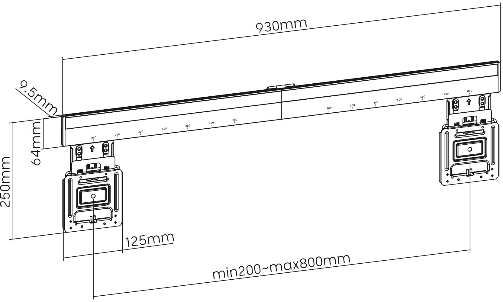 Technical drawing of a furniture fitting with dimensions: Width 930 mm, Height 250 mm, Depth 125 mm. Adjustable width 200-800 mm.