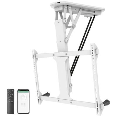 Electric TV ceiling lift mount with remote control and smartphone app, suitable for various television sizes.