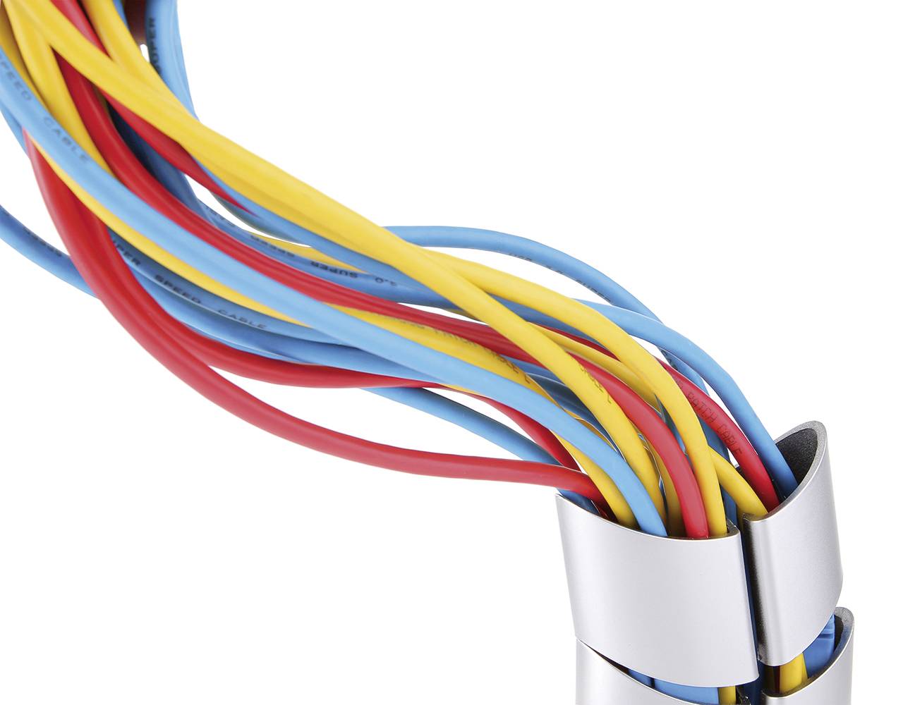 Colourful, intertwined cables in blue, yellow, and red, held together by silver cable ties. Symbolises organisation and connection technology.