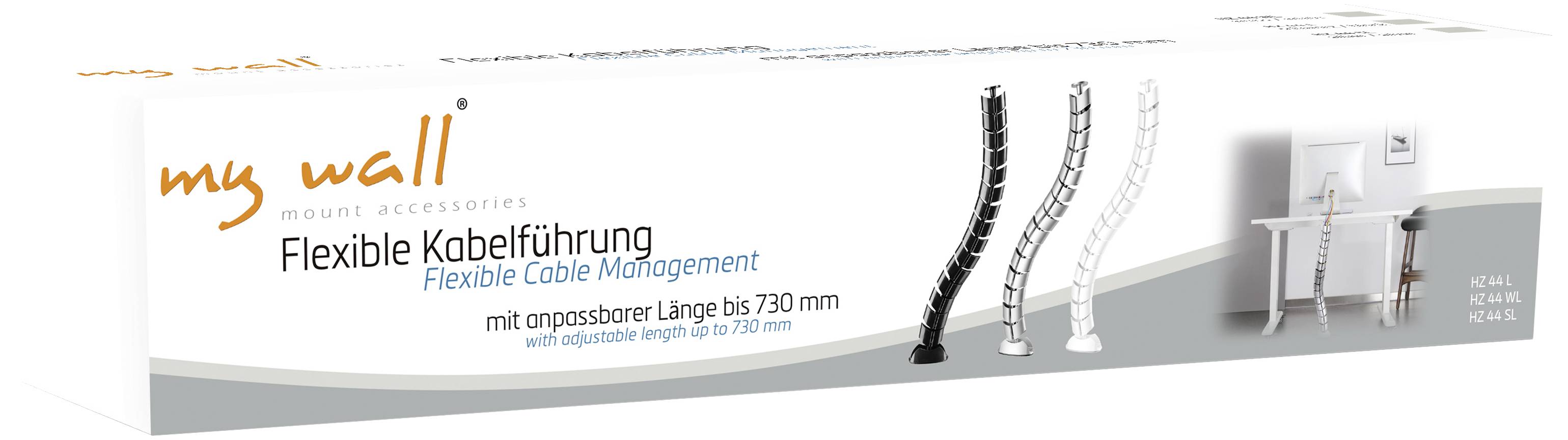 Packaging for 'Flexible Cable Management' by my wall. Contains images of black and white cable management solutions. Length up to 790 mm.