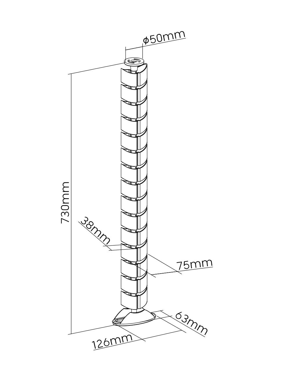 A technical drawing of a cylindrical object with the following dimensions: height 730 mm, diameter 50 mm, and base size 126 mm.