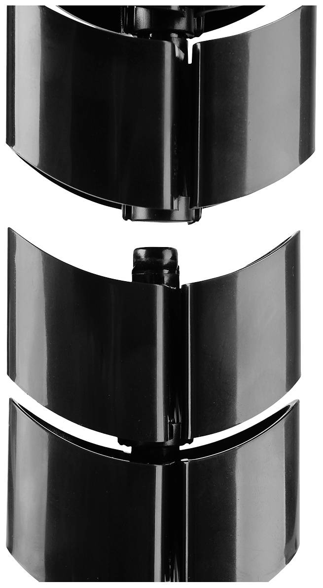 Two vertically stacked, black, curved plastic components on a white background.