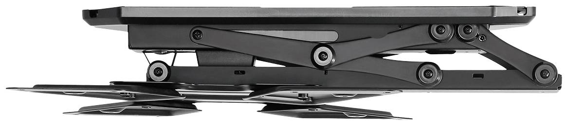 Electric adjustable desk stand in side view with lifting mechanism, suitable for raising a laptop or monitor.