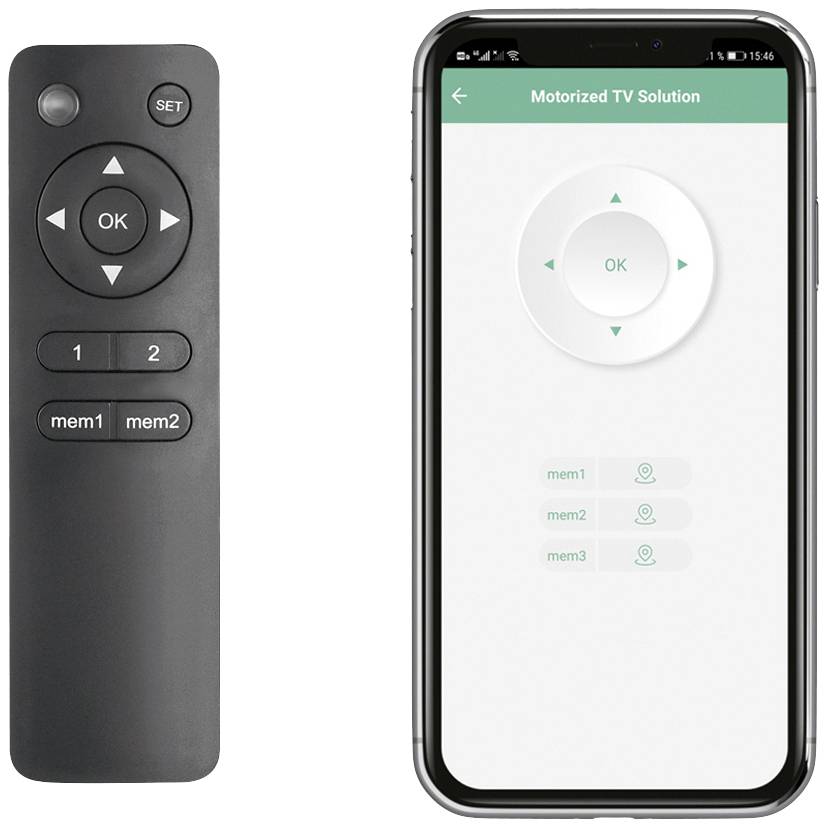 'Figure shows a TV remote control with buttons for OK, SET, mem1, mem2 and a smartphone app with TV control interface.'