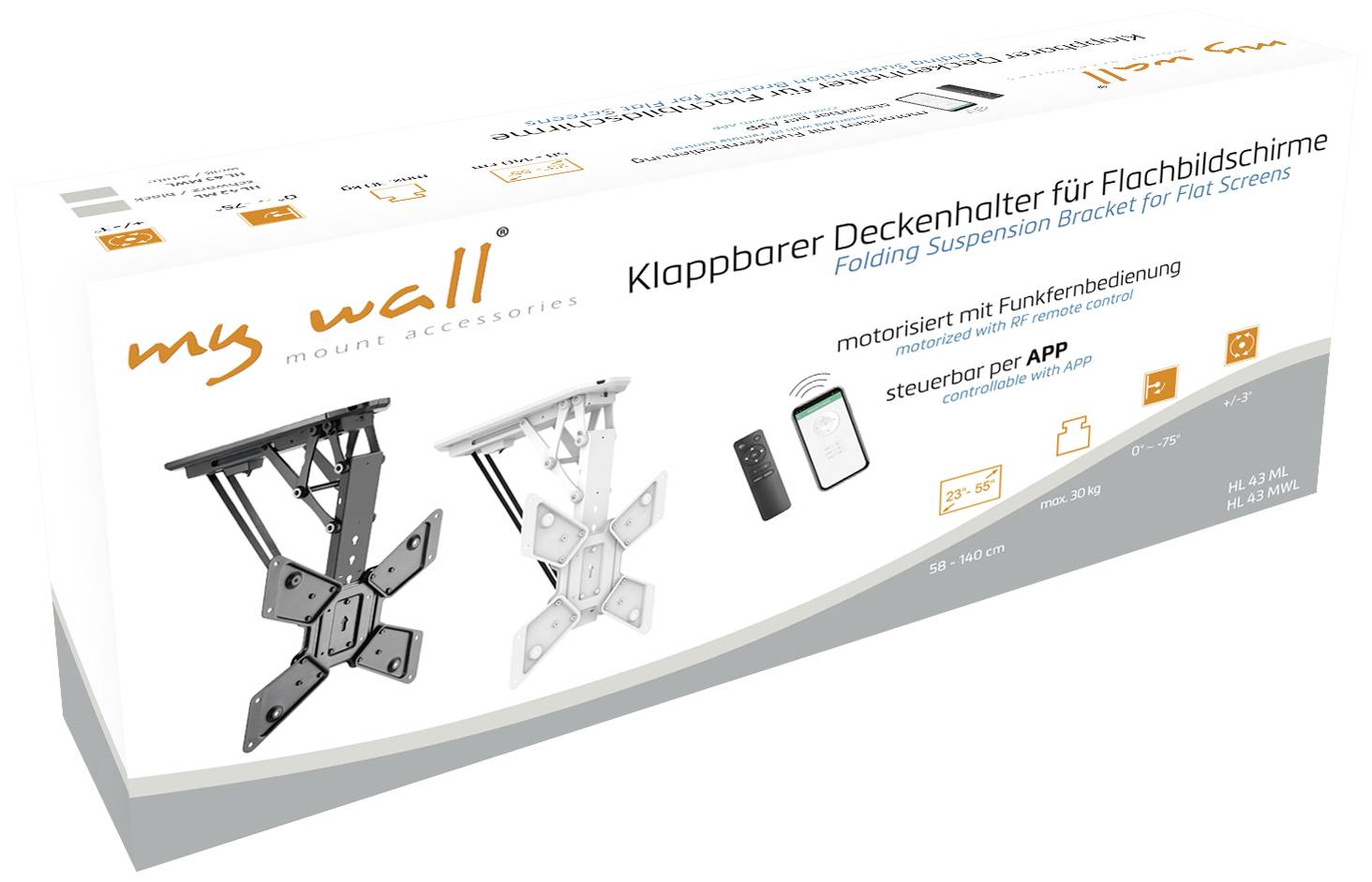 'My Wall' Foldable Ceiling Mount for Flat Screens, Motorised with Remote Control, App-Controllable, 23-55 Inches, Max. 50 kg