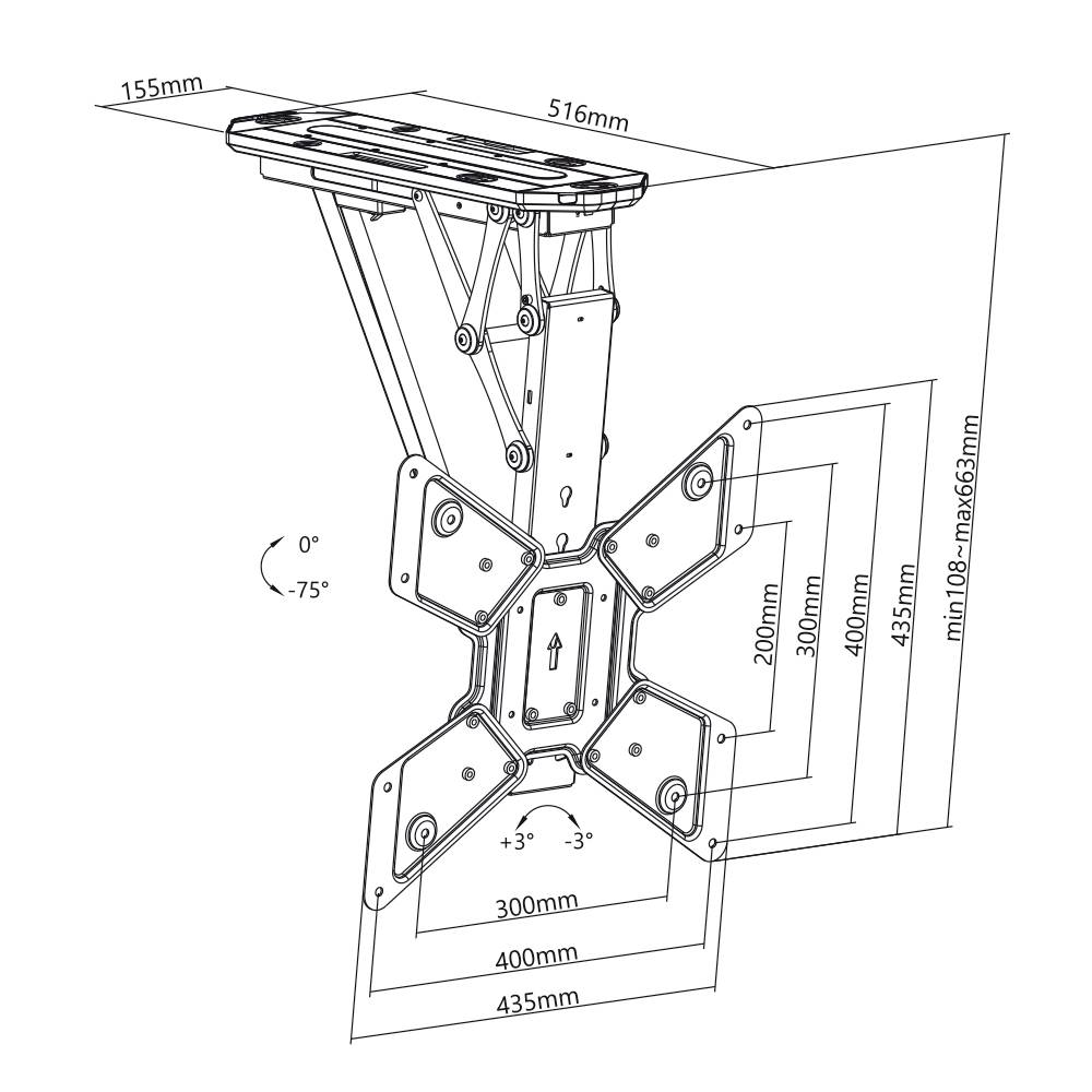 'Technical drawing of an adjustable mounting mechanism. Dimensions and angles specified in millimetres, showing range of motion.'