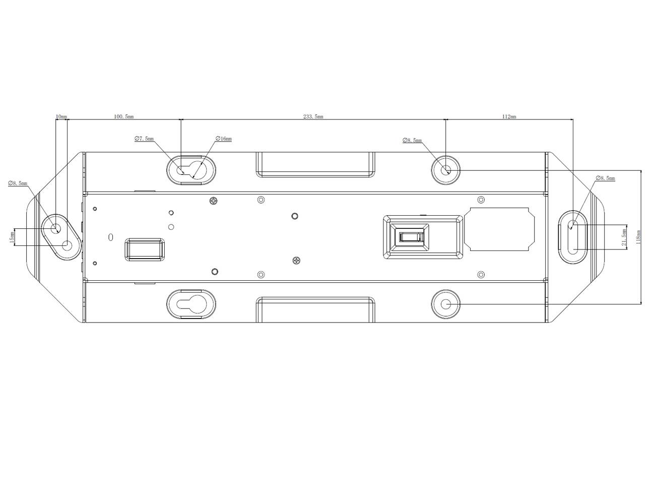 Technical drawing of a rectangular component with dimensions and holes at the corners. Measurements given in millimetres.