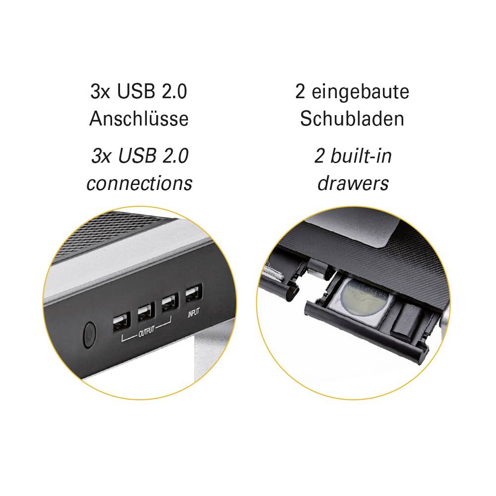'3x USB 2.0 Ports' with symbols and '2 built-in drawers' with image. Both emphasising technical features of a device.