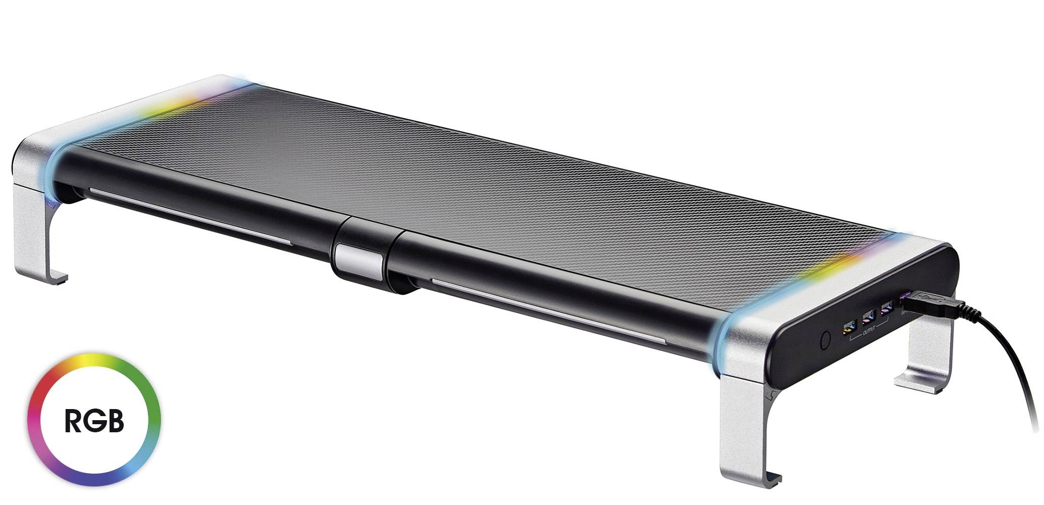 Laptop stand with integrated RGB lighting, USB ports and a black and silver design on a white background.