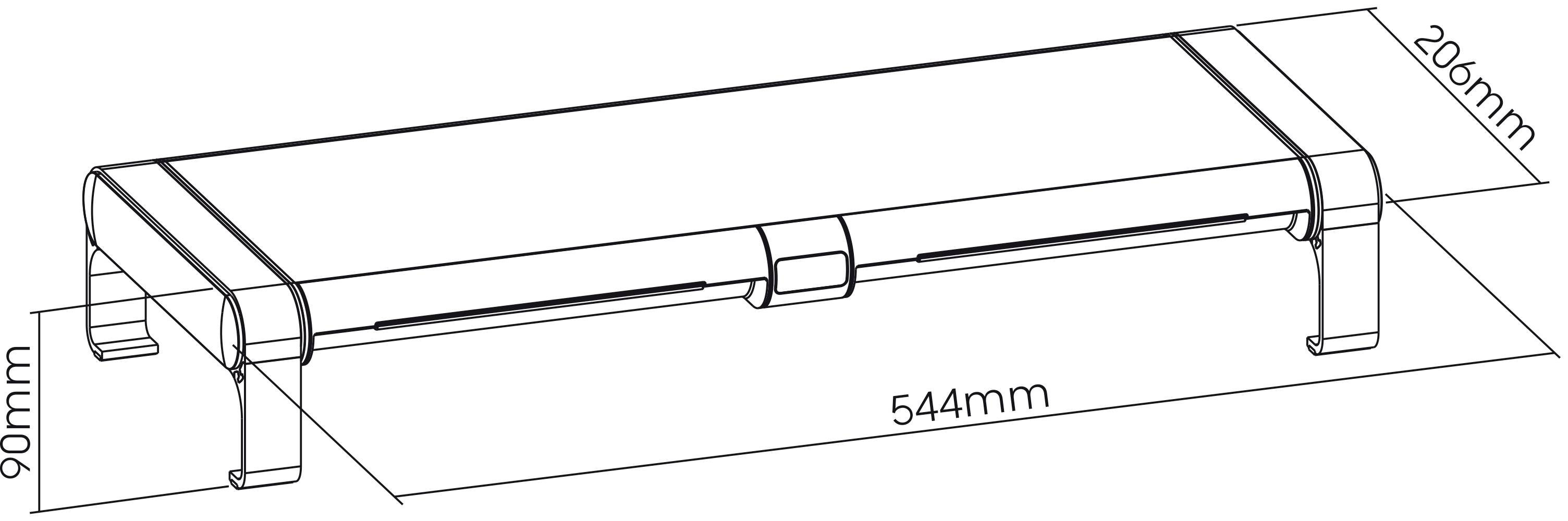 Technical drawing of a rectangular shelf with dimensions: 544 mm length, 206 mm width, 90 mm height.