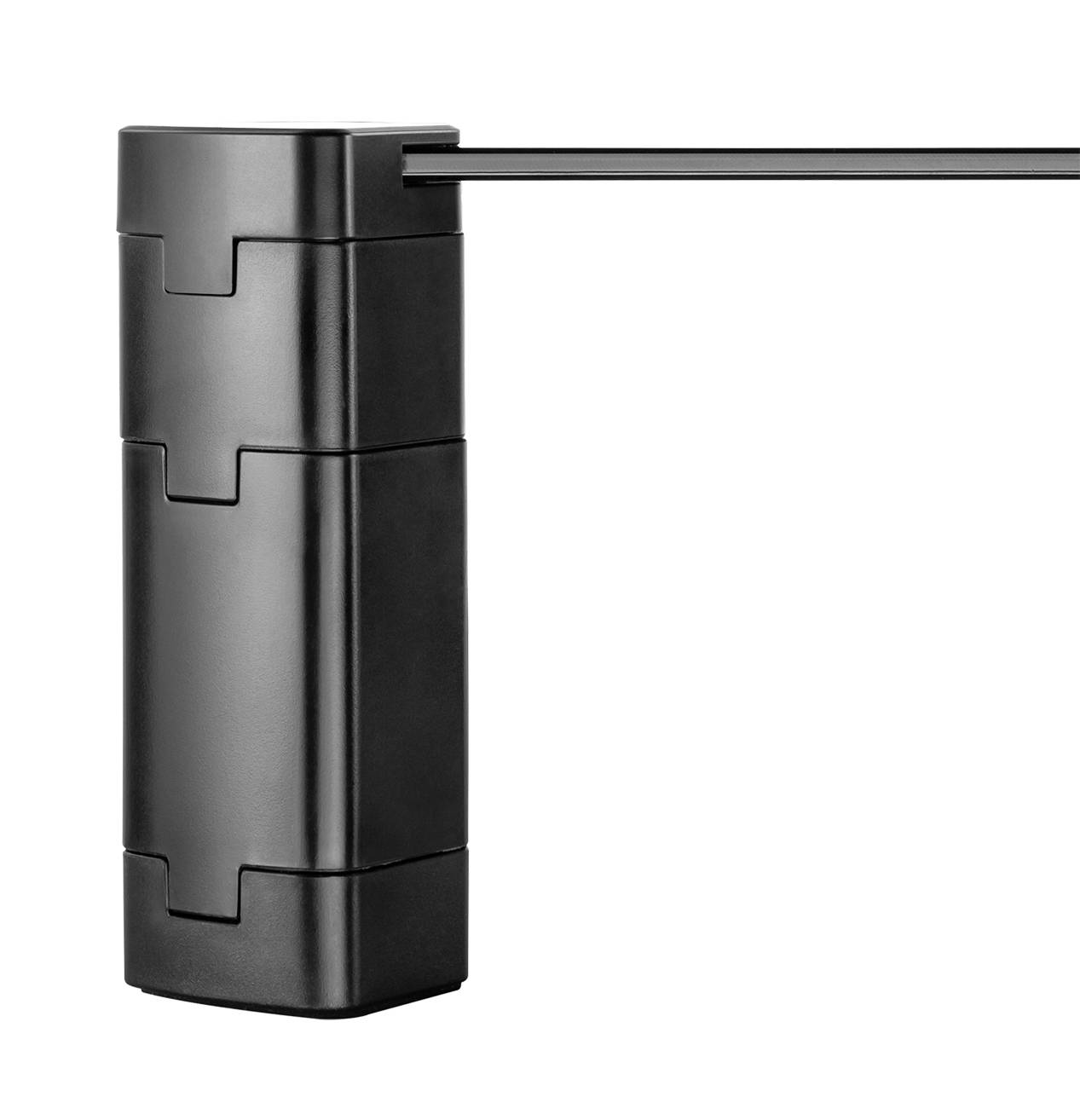 Black barrier with a rectangular base and horizontal arm, likely part of a modern access system or car park gate.