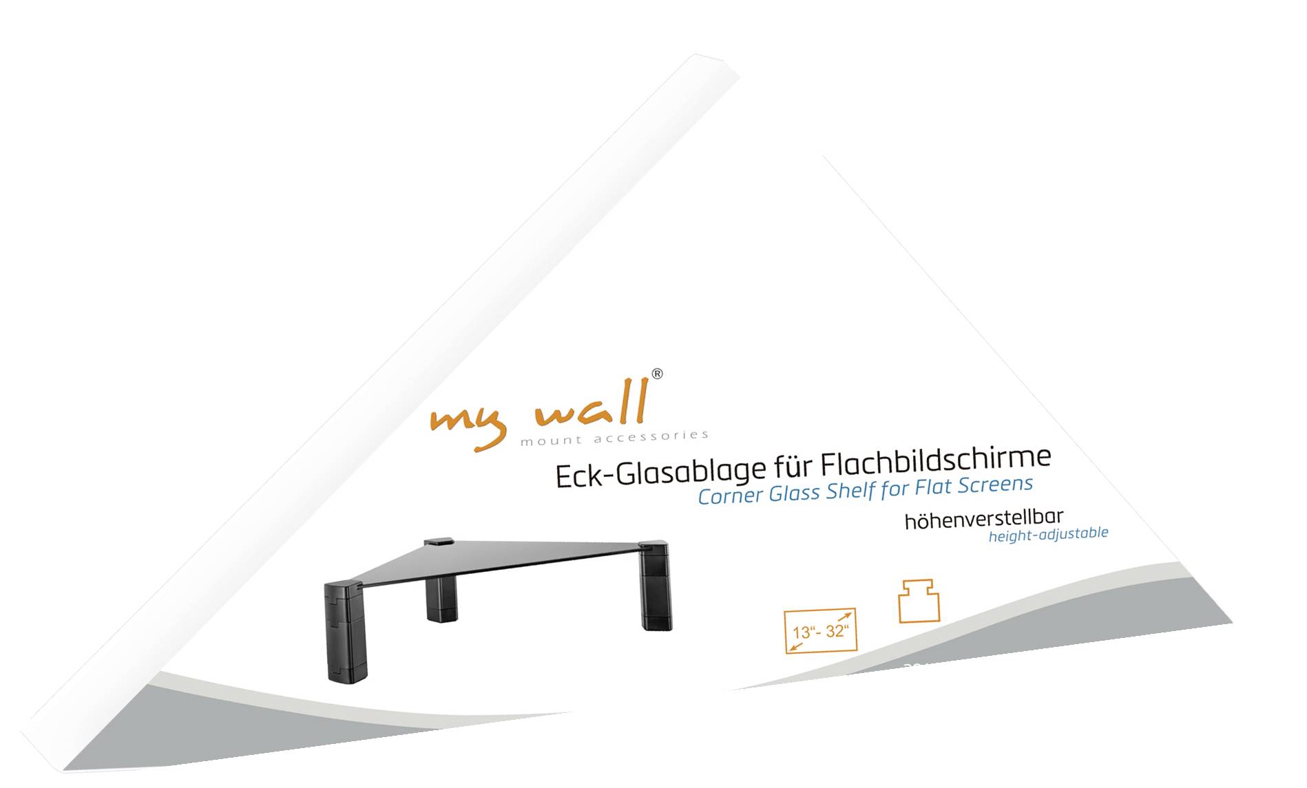 'Triangular packaging with the inscription: "my wall – Corner Glass Shelf for Flat Screens, Height Adjustable". Image of a black, wooden monitor shelf on the left side.'