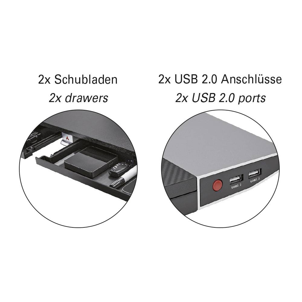 '2x Drawers, 2x USB 2.0 Ports' with images of drawers and USB ports as examples of their respective functions.