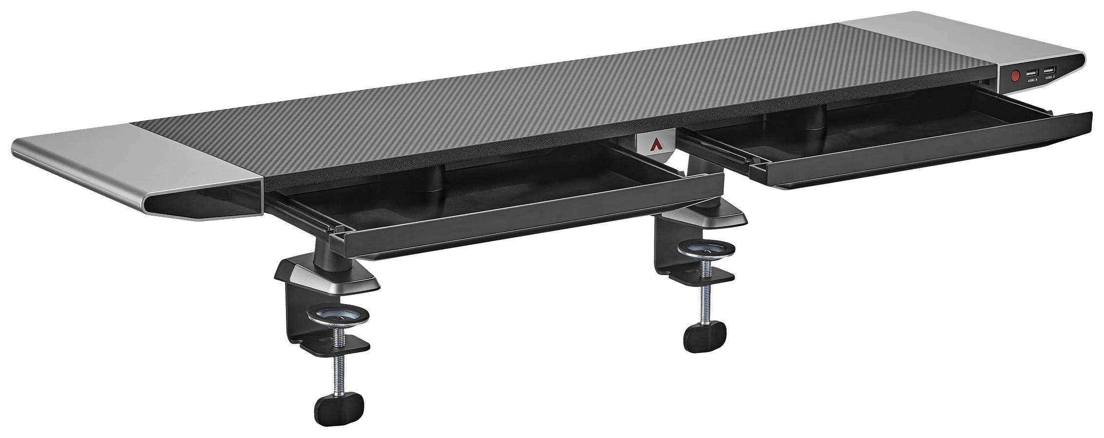 A black desk organiser with two pull-out drawers underneath. It attaches to a desk using clips.