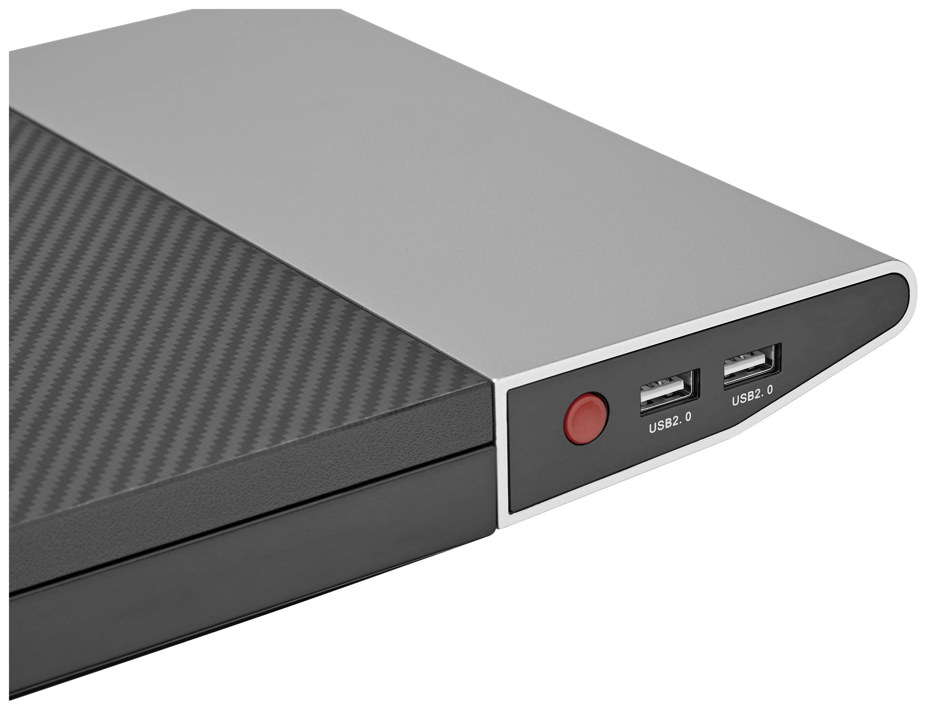 Grey-black device with two USB 2.0 ports and a red button on the side.
