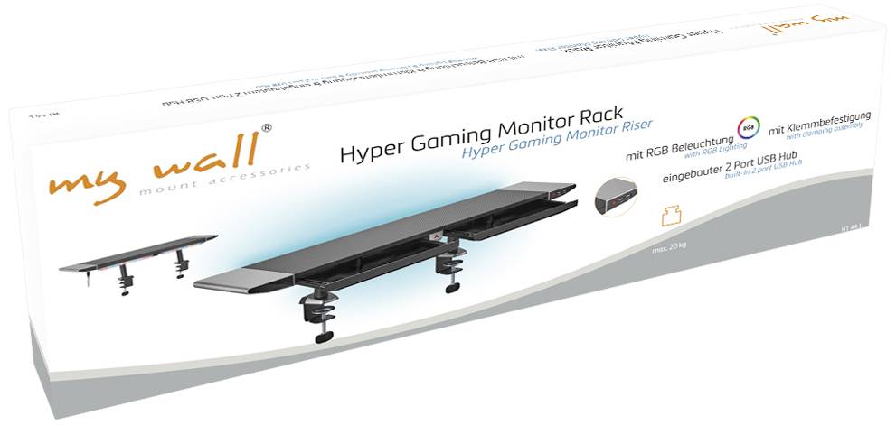 'Hyper Gaming Monitor Stand' packaging with RGB lighting, 2-port USB hub and clamp attachment. Product image and technical details visible.