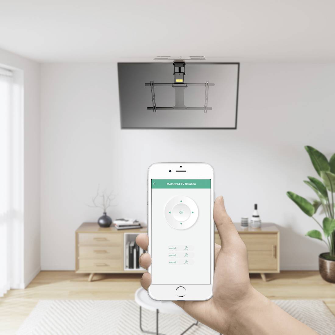 A person is holding a smartphone with an app connected to a ceiling-mounted projector. The room is furnished in a modern style.