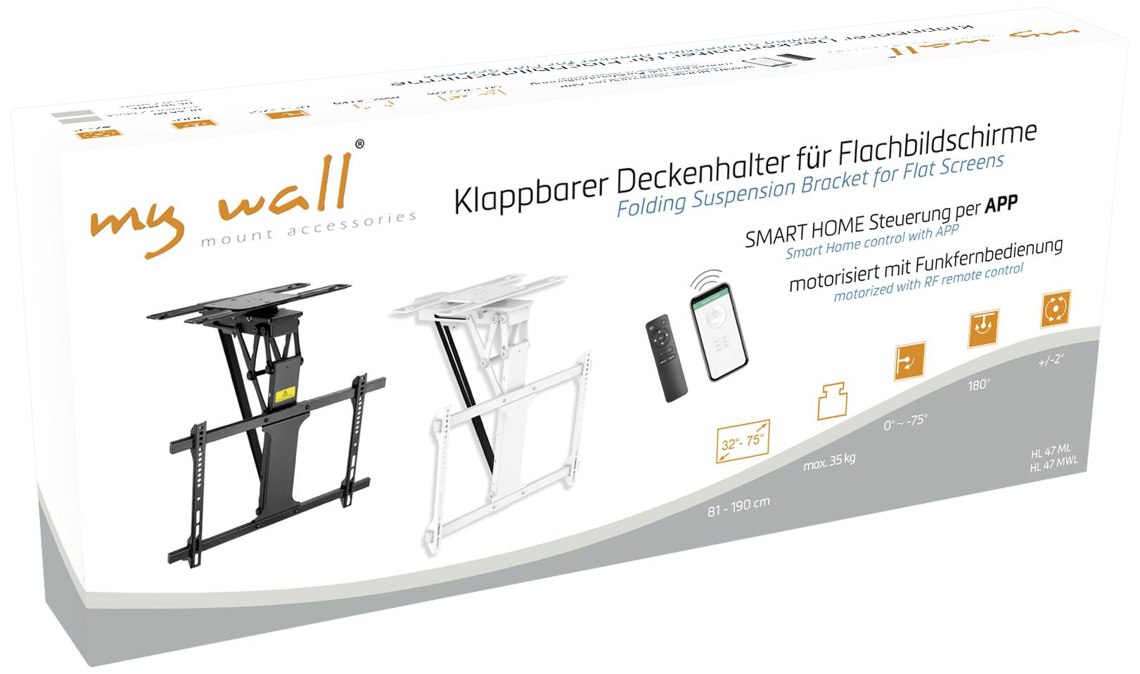 Packaging for a foldable ceiling mount for flat screen displays, with remote control and app control. Supports screens from 32" to 75".