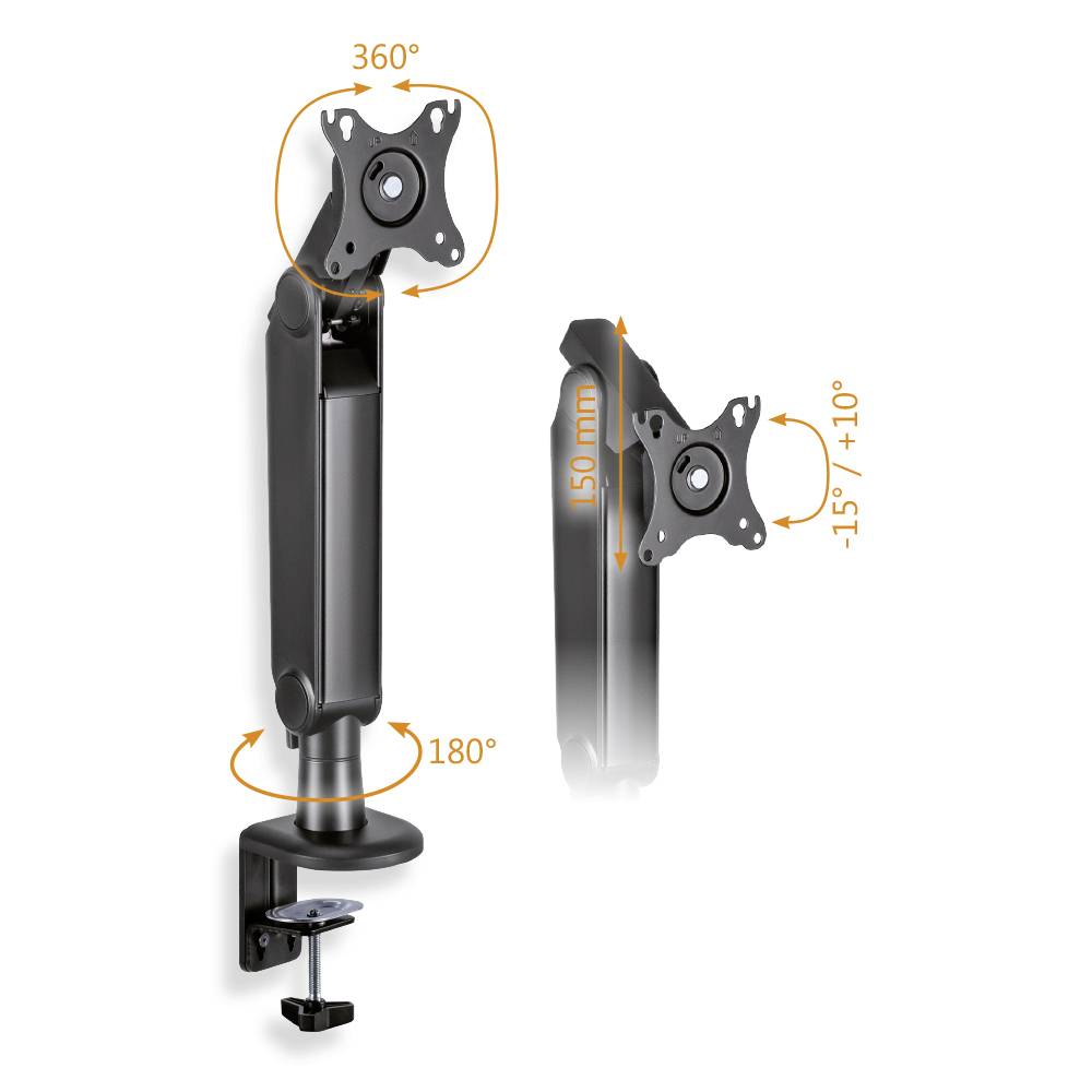 A monitor arm, adjustable in height and tilt, with 360-degree rotation and 180-degree swivel, demonstrates flexible positioning options.
