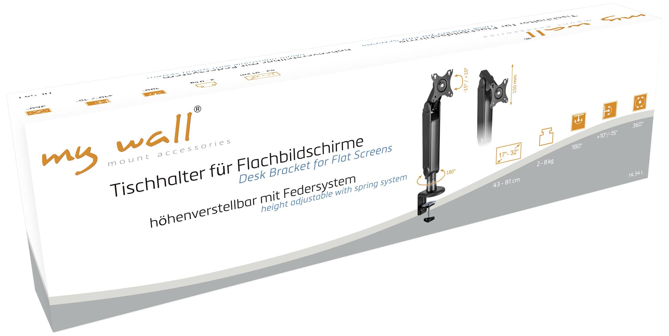 Packaging for an adjustable-height screen mount for flat panel displays, including spring system, brand 'my wall'.