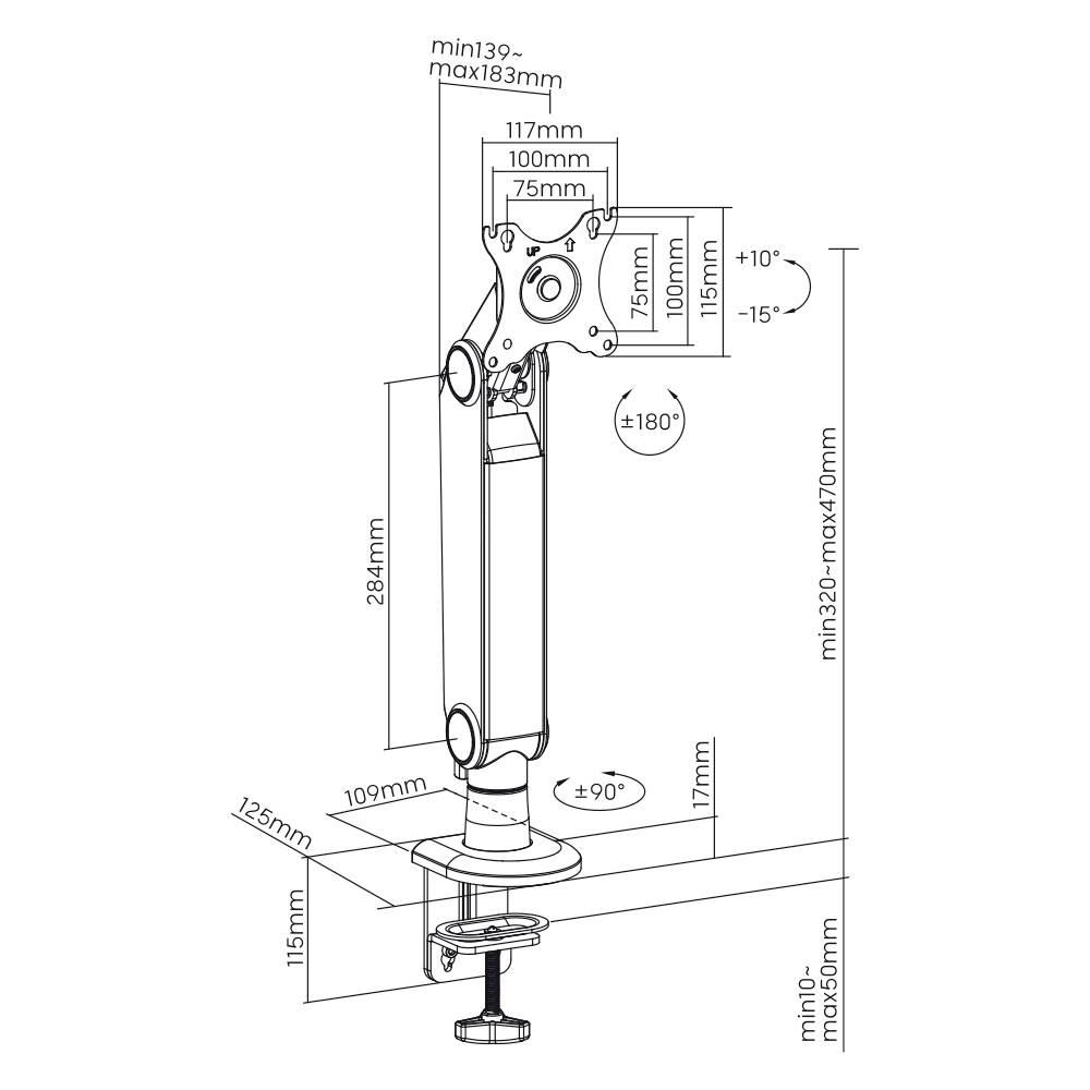 Drawing of a monitor arm with adjustable joints. Dimensions and tilt angles are detailed, ranging from 139mm to 183mm and +10° to -15°.