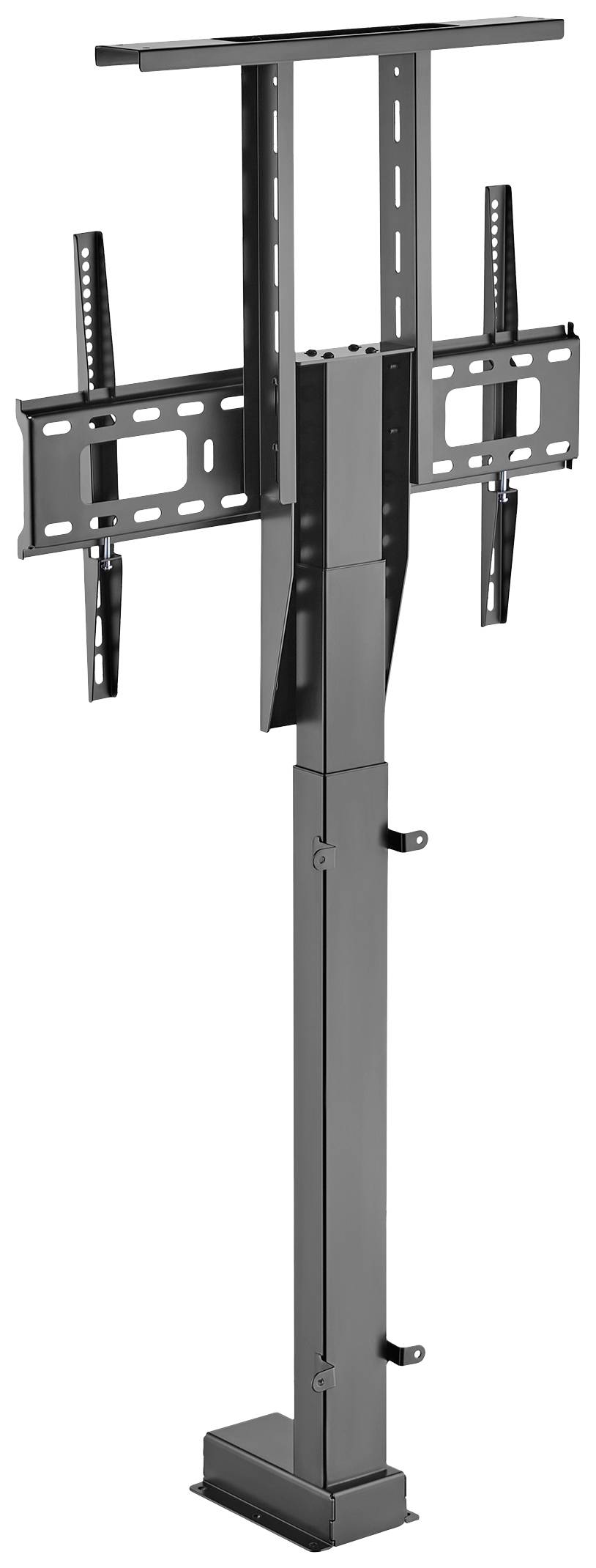 An adjustable TV mounting stand that stands upright. Suitable for mounting flat-screen televisions on a wall or surface.