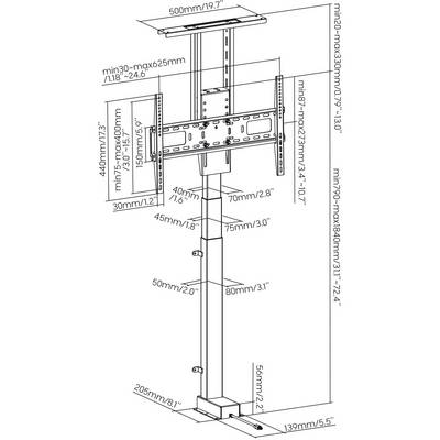 'Diagram of a TV ceiling mount with adjustable heights and widths, dimensions shown in millimetres and inches.'