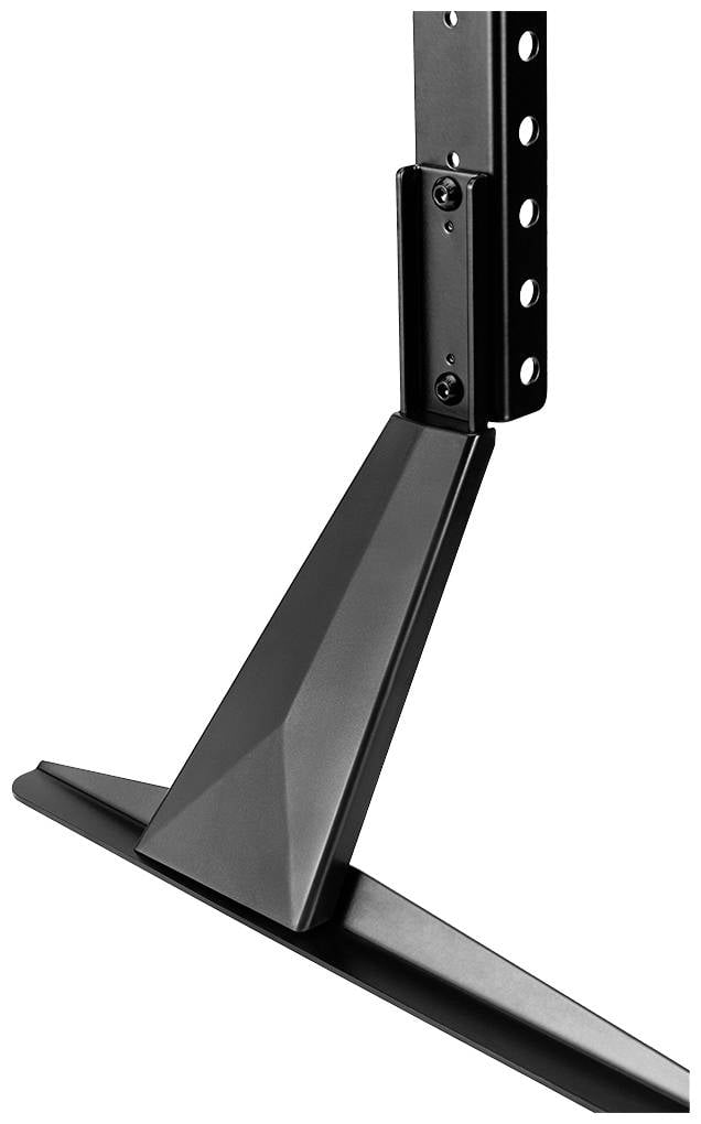 Black, triangular TV stand with vertical metal mount, screws visible.